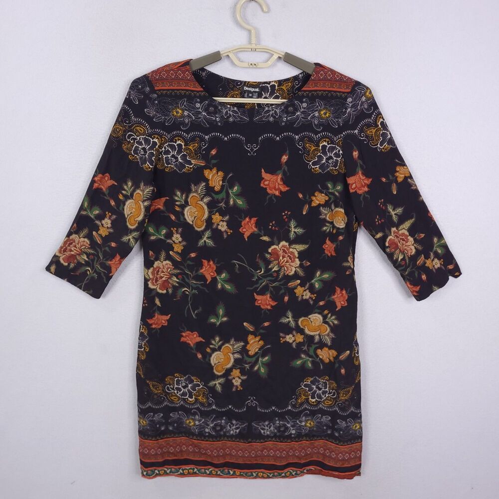 Desigual Mini Dress Womens Sz 38 Floral Shift Boho Lined 3/4 Sleeves Side Zipper